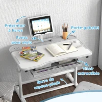 AIYAPLAY Bureau enfant avec chaise réglable en hauteur, plateau incliné 45°, tiroir et support de livre, gris(m-7)