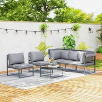 Outsunny Salon de jardin extérieur 4 pièces modulaire avec canapé, fauteuil et table basse en verre trempé, coussins inclus, gris(m-9)