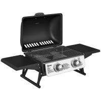 Outsunny Barbecue gaz de table transportable, 2 brûleurs 5,6 KW, barbecue gaz de camping avec étagères latérales, couvercle, noir(m-11)