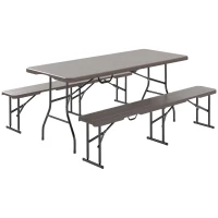 Outsunny Conjunto de Campismo Dobrável de 3 Peças Inclui 1 Mesa 180x74x74 cm e 2 Bancos 182x28x42 cm Efeito Madeira Castanho(m-10)