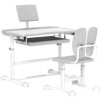 AIYAPLAY Bureau enfant avec chaise réglable en hauteur, plateau incliné 45°, tiroir et support de livre, gris(m-12)