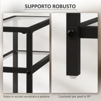 HOMCOM Tavolino da Salotto a 3 Ripiani Compatto in Vetro e Acciaio, 40x18x62 cm, Nero(m-6)