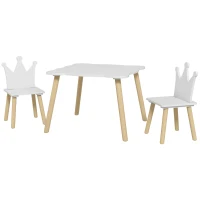 AIYAPLAY Conjunto Infantil de Mesa y 2 Sillas con Respaldo en Forma de Corona para Lectura y Dibujo 60x60x44 cm Blanco y Madera(m-11)