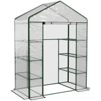 Outsunny Walk in Greenhouse with 4-Tier 8 Shelves, Green House with Hemmed Cover, Roll-up Zipped Door, Steel Frame, 143 x 73 x 195cm(m-1)
