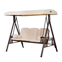 Outsunny Banco Baloiço de Jardim de 3 Lugares com Teto 2 Almofadas Suporte para Bebidas e Estrutura de Metal para Terraço Balcão Exterior Carga Máxima 360kg 207x120,5x174cm Bege(m-11)