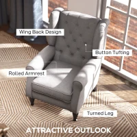 HOMCOM Retro Accent Chair, Wingback Armchair with Wood Frame Button Tufted Design for Living Room Bedroom, Grey(m-4)