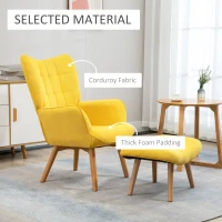 HOMCOM Akcentowy fotel w stylu skandynawskim, z ottomaną, zestaw foteli, drewno bukowe, wygląd kordu, Żółty(m-4)