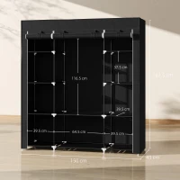 HOMCOM Portable Wardrobe, Foldable Fabric Wardrobe, 150 x 43 x 162.5cm, Clothes Storage Organiser with Hanging Rail, Shelves, Fabric Cover for Bedroom, Black(m-3)