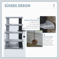 PawHut Katzentreppe 4-stufige Haustiertreppe mit Kratzsäulen Ball Hundetreppe Tiertreppe für Katzen bis 5 kg Plüsch Jute Grau 60 x 40 x 64 cm(m-5)