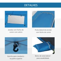Outsunny Tenda de Praia Dobrável Tenda de Praia Pop-up 1-2 Pessoas com 2 Portas 2 Janelas e Bolsa de Transporte 220x173x120 cm Azul(m-6)