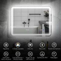 HOMCOM Espejo de Baño con Luz LED 80x60 cm con Bluetooth 3 Colores de Luz Reloj Digital Función Antivaho Función de Memoria(m-4)