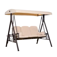 Outsunny Banco Baloiço de Jardim de 3 Lugares com Teto 2 Almofadas Suporte para Bebidas e Estrutura de Metal para Terraço Balcão Exterior Carga Máxima 360kg 207x120,5x174cm Bege(m-10)