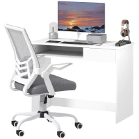 Vinsetto Home Office Chair and Computer Desk Set, Mesh Chair with with 90° Flip-up Armrest, Study Desk with Keyboard Tray and Drawer, White and Grey(m-11)