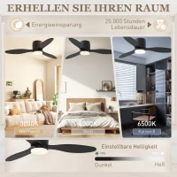 HOMCOM Plafondventilator met Lamp en Afstandsbediening, 3 Lichtkleuren, 6 Snelheden, Instelbare Helderheid, Zwart(m-4)