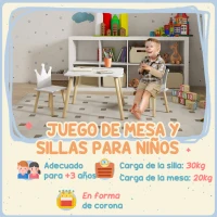 AIYAPLAY Conjunto Infantil de Mesa y 2 Sillas con Respaldo en Forma de Corona para Lectura y Dibujo 60x60x44 cm Blanco y Madera(m-7)
