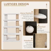 PawHut Katzentreppe 4-stufige Haustiertreppe mit Kratzsäulen Ball Hundetreppe Tiertreppe für Katzen bis 5 kg Plüsch Jute Weiß 60 x 40 x 64 cm(m-5)