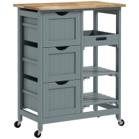 HOMCOM Carrinho de Cozinha com Rodas Carrinho de Serviço com 3 Gavetas 2 Prateleiras Abertas e Bandeja 67x37x85,5 cm Cinzento