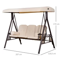 Outsunny Banco Baloiço de Jardim de 3 Lugares com Teto 2 Almofadas Suporte para Bebidas e Estrutura de Metal para Terraço Balcão Exterior Carga Máxima 360kg 207x120,5x174cm Bege(m-3)