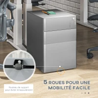 Vinsetto Caisson de bureau rangement bureau sur roulettes 3 tiroirs verrouillables trieur à dossiers 39 x 48 x 59 cm acier gris(m-6)