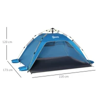 Outsunny Tenda de Praia Dobrável Tenda de Praia Pop-up 1-2 Pessoas com 2 Portas 2 Janelas e Bolsa de Transporte 220x173x120 cm Azul(m-3)