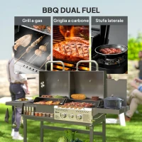 Outsunny Barbecue a Carbone e Gas con 3 Bruciatori e Coperchio, Termometro, Ruote e Ripiani, Nero(m-4)