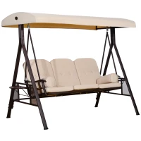 Outsunny Banco Baloiço de Jardim de 3 Lugares com Teto 2 Almofadas Suporte para Bebidas e Estrutura de Metal para Terraço Balcão Exterior Carga Máxima 360kg 207x120,5x174cm Bege(m-1)
