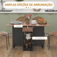 HOMCOM Mesa de Cozinha Dobrável com Rodas Laterais Rebatíveis Gaveta e Prateleiras para 2-4 Pessoas 120x72x75 cm Madeira Branco(m-4)