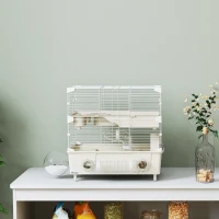 PawHut Gabbia per Criceti a 2 Livelli e 3 Porte con Ruota e Tubi, in Acciaio, PS e PP, 44.5x28x44 cm, Crema e Bianco(m-8)