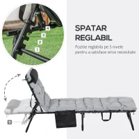 Outsunny Șezlong de Plajă Pliabil cu Spătar Reglabil, Pernă, Suport pentru Cap și Buzunar, 58x189x32.5 cm, Gri Deschis(m-4)