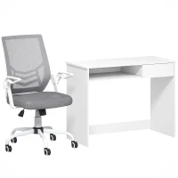 Vinsetto Home Office Chair and Computer Desk Set, Mesh Chair with with 90° Flip-up Armrest, Study Desk with Keyboard Tray and Drawer, White and Grey(m-1)