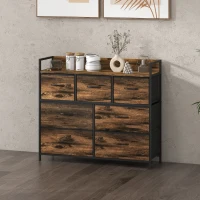 HOMCOM Komoda z 7 Szufladami z Tkaniny, Design Industrialny, Stalowa Rama, 98x29x85cm, Brąz/Czarny(m-10)