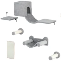 PawHut Conjunto de Prateleiras de Escalada para Gatos de 6 Peças com Placa para Arranhar e Poste de Sisal Cinzento(m-1)