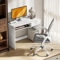 Vinsetto Home Office Chair and Computer Desk Set, Mesh Chair with with 90° Flip-up Armrest, Study Desk with Keyboard Tray and Drawer, White and Grey(m-2)