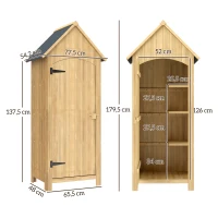 Outsunny Caseta Jardín Exterior de Madera 77,5x54,2x179,5 cm 0,3 m² para Almacenaje de Herramientas con Estantes Puertas Natural(m-3)