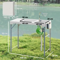 Outsunny Mesa para Campismo Dobrável Mesa com 2 Lavatórios Mangueira de Drenagem Estação de Limpeza 108x58x92 cm Branco(m-3)