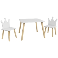 AIYAPLAY Conjunto Infantil de Mesa y 2 Sillas con Respaldo en Forma de Corona para Lectura y Dibujo 60x60x44 cm Blanco y Madera