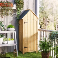 Outsunny Caseta Jardín Exterior de Madera 77,5x54,2x179,5 cm 0,3 m² para Almacenaje de Herramientas con Estantes Puertas Natural(m-8)