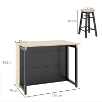 HOMCOM 3-tlg. Barset, Bartisch mit klappbarer Tischplatte, 2 Barhocker, 6 Staufächer, schwarz+Eiche, 116 x 70 x 89,5 cm(m-3)
