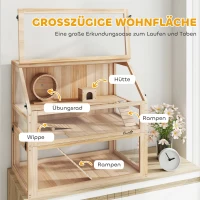PawHut Hamsterkäfig aus Holz 3 Etagen Nagarium Nagerkäfig mit klappbarem Deckel Laufrad 80 x 50 x 76 cm Naturholz(m-4)