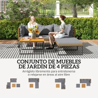 Outsunny Conjunto de Jardín Exterior con 2 Sofás de 2 Plazas Sofá de Esquina y Mesa de Centro de Madera con Cojines Gris y Teca(m-4)