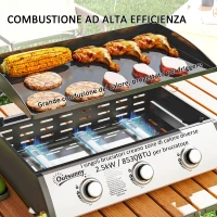 Outsunny Piastra a Gas in Acciaio Smaltato con 3 Bruciatori Potenza 7.5kW, 3 Zone di Cottura e Coperchio, Nero(m-4)