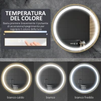 kleankin Specchio Bagno con Luce LED, Luminosità Regolabile a 3 Tonalità e Funzione Memoria, Ø60 cm, Oro(m-6)