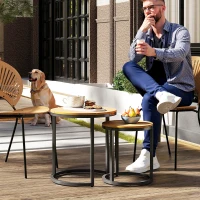 Outsunny Juego de 2 Mesas de Jardín con Encimera de Madera de Acaica Diseño Listones con Marco de Acero y Pies Ajustables Teca(m-2)