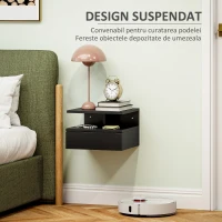 HOMCOM Noptieră Suspendată cu Sertar și Raft Superior din Lemn, 35x32x22,5 cm, Negru(m-4)