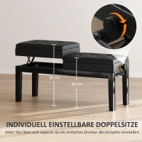 HOMCOM Klavierbank, Klavierhocker, Kunstleder, verstellbarer Doppelsitz, Stauraum, Schwarz(m-6)
