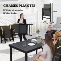 Outsunny Salon de jardin extérieur 6 personnes, cadre en aluminium, table 140 cm, 6 chaises pliables et inclinables, noir(m-5)