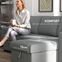HOMCOM Ecksofa mit Schlaffunktion Stauraum Eckcouch mit Bettkasten Chaiselongue Schlafsofa Stoffsofa L-Form Leinen-Touch Hellgrau 211,5 x 146 x 85 cm(m-5)