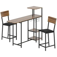 HOMCOM Conjunto de Mesa de Bar con Laterales Abatibles Soporte para Vinos y 2 Taburetes de Estilo Industrial Marrón y Negro(m-1)