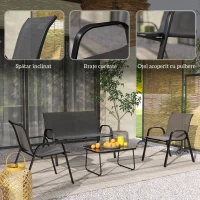 Outsunny Set Mobilier de Grădină din 4 Piese cu Canapea, 2 Scaune Stivuibile și Măsuță de Cafea, 113x66x79 cm, Negru(m-8)