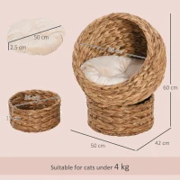 PawHut Woven Banana Leaf Elevated Cat Bed Wicker Kitten Basket Pet Den, House Cosy Cave with Soft Cushion Dome 50x42x60cm Brown(m-3)